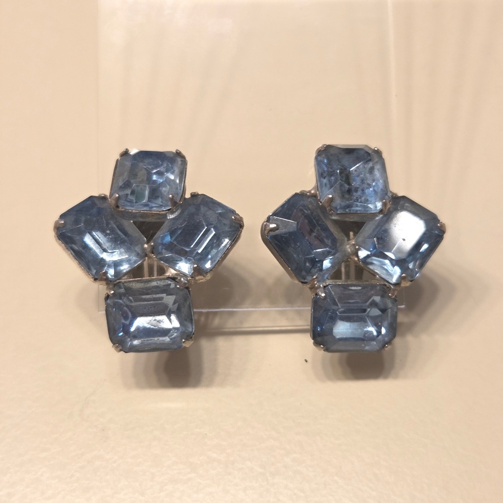 Sparkling Blue Crystal Cluster Earrings Vintage Rhinestone Clip On Mid Century‎